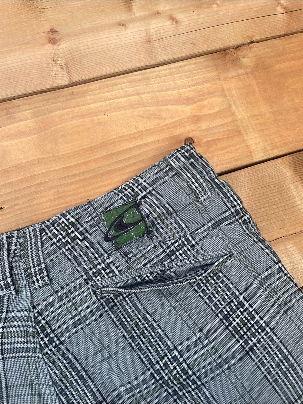 O'Neill Men's Gray Plaid Shorts with Green Logo Patch